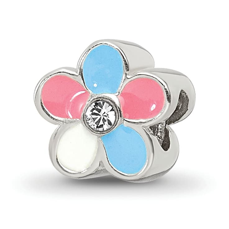 Sterling Silver Enameled Flower CZ Bead