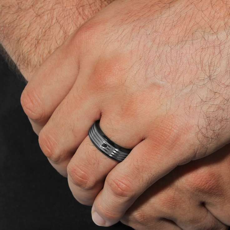 Robert Alton Men's Black Diamond Black Ion Plated 8MM Band Ring In Tungsten