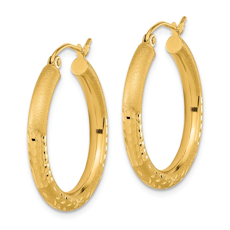14k Yellow Gold Polished Satin and Diamond-cut 1 1/16" Hoop Earrings