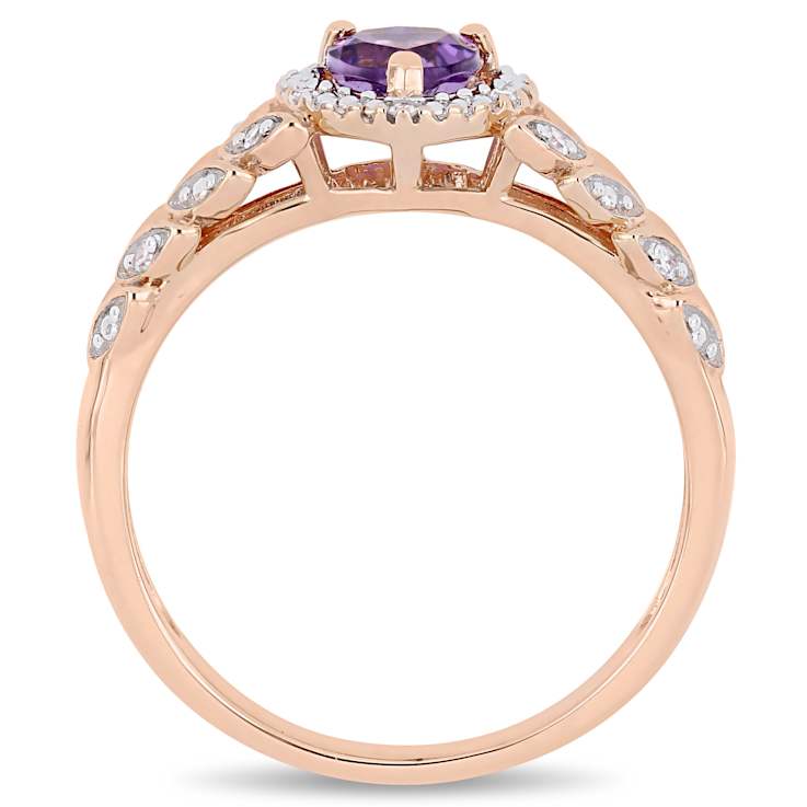 Amethyst and Diamond 10K Rose Gold Heart Ring 0.45ctw