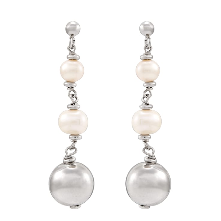6-8.5mm Round White Freshwater Pearl Sterling Silver Graduated Dangle Earrings