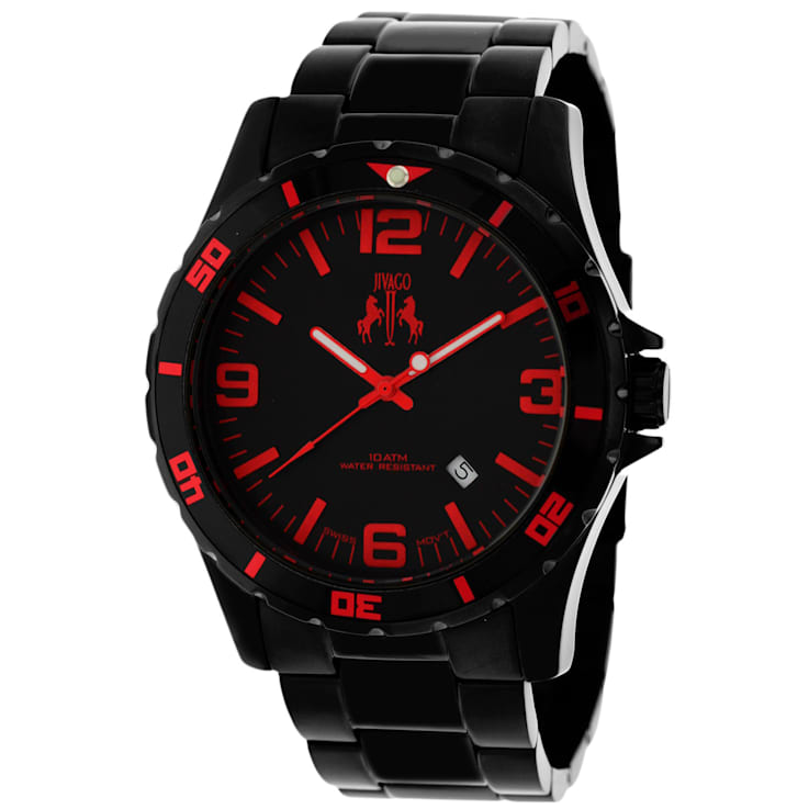 Jivago Men's Ultimate Black Dial with Red Accents, Black Stainless Steel Watch