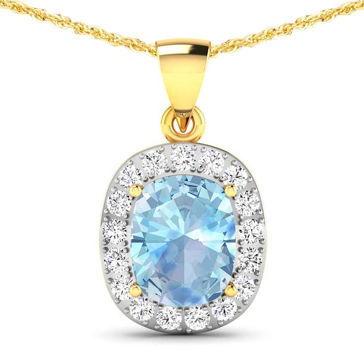 3.0ctw 14K Yellow Gold Cushion Aquamarine and White Diamond Pendant with
18 inch Cable Chain
