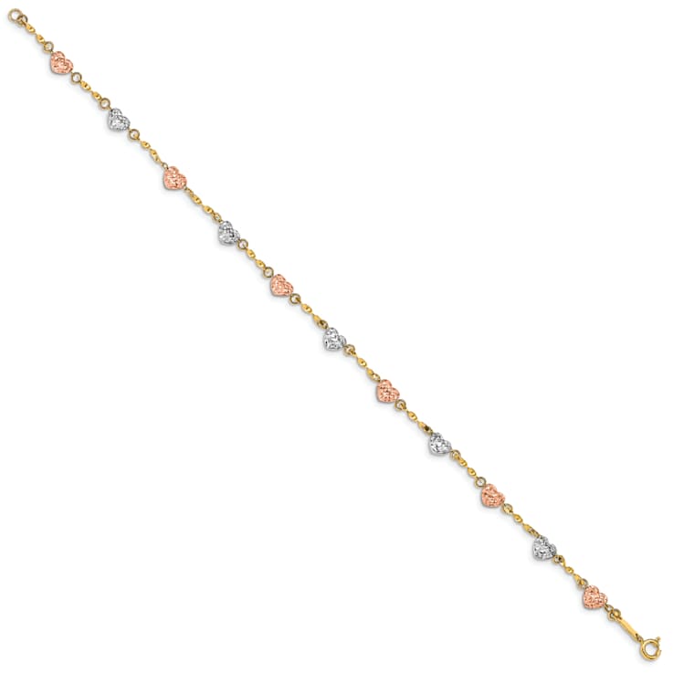 14K Tri-color Diamond-cut Puff Heart Bracelet