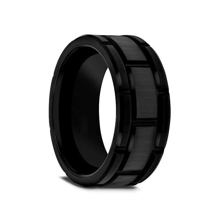 WINDSOR Beveled Black Tungsten Carbide Wedding Band with Brushed Finish
and Alternating Grooves 10mm