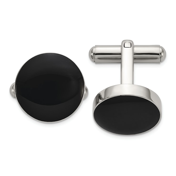 Stainless Steel Polished with Black Enameled Center Cuff Links