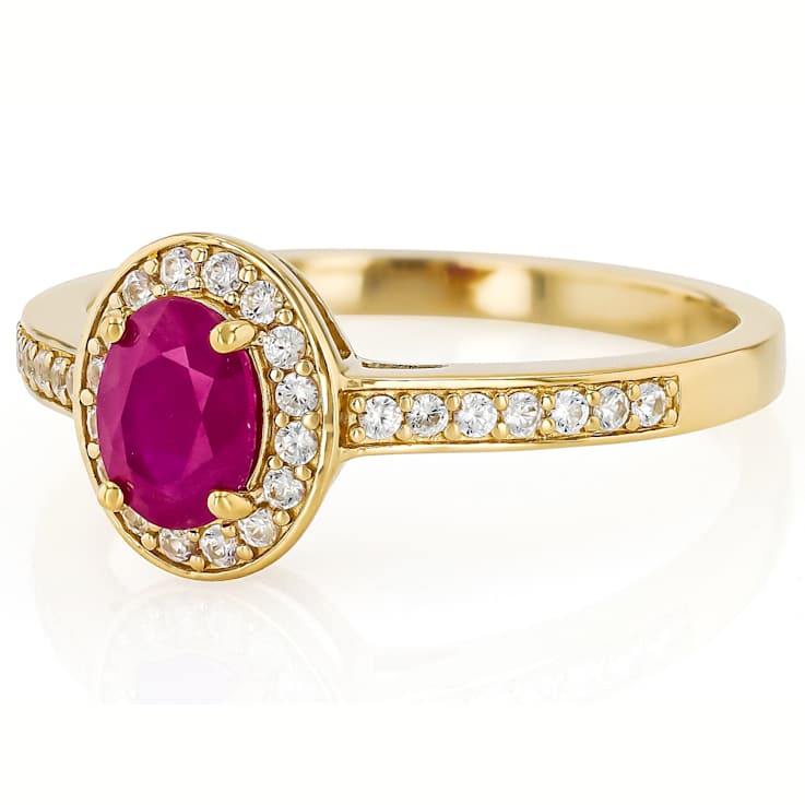 Ruby Oval And White Zircon Ring In 18K Gold Over Sterling Silver 1.25ctw