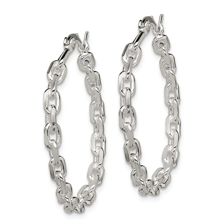 Sterling Silver Polished Textured Cable Chain 3x30mm Hoop Earrings