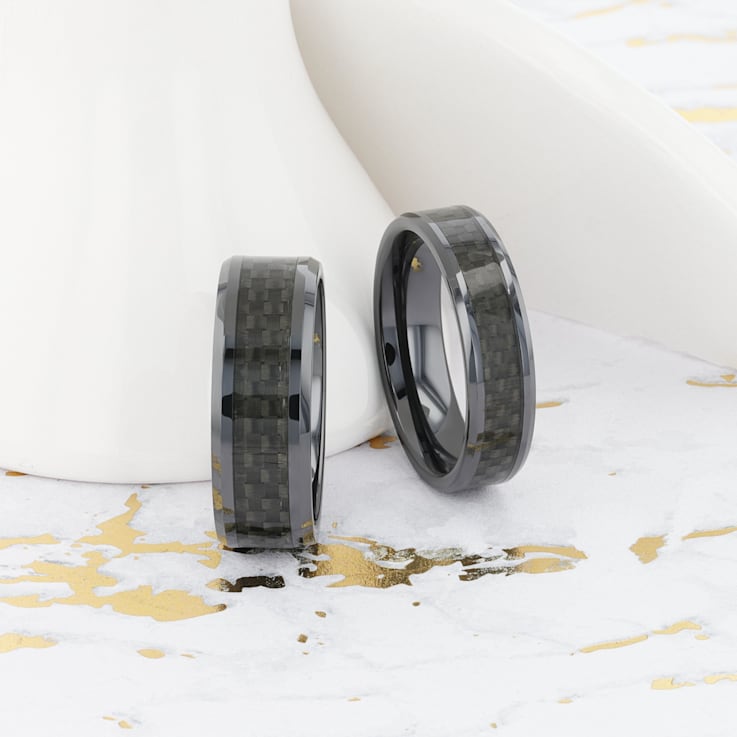 ONYX Black Carbon Fiber Inlaid Black Ceramic Wedding Band 8mm