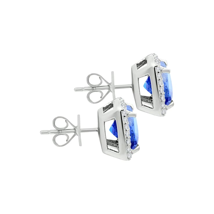 14K White Gold Square Cushion Tanzanite and Diamond Earrings 2.87ctw