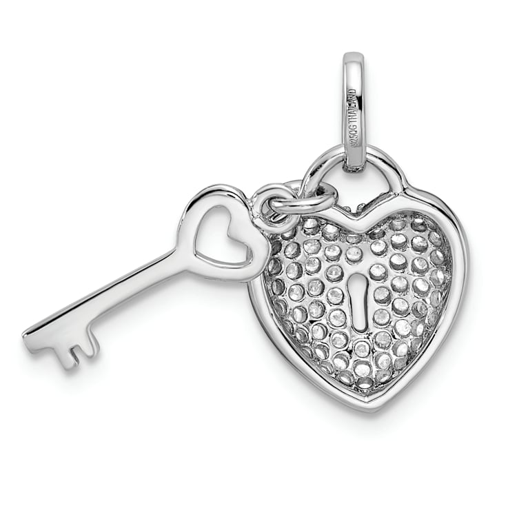 Rhodium Over Sterling Silver Cubic Zirconia Heart Lock and Key Pendant