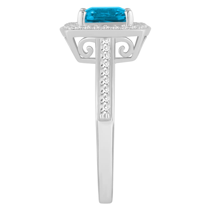 7mm Cushion Blue Topaz 1/4 ctw Diamond Rhodium Over Sterling Silver Halo Ring