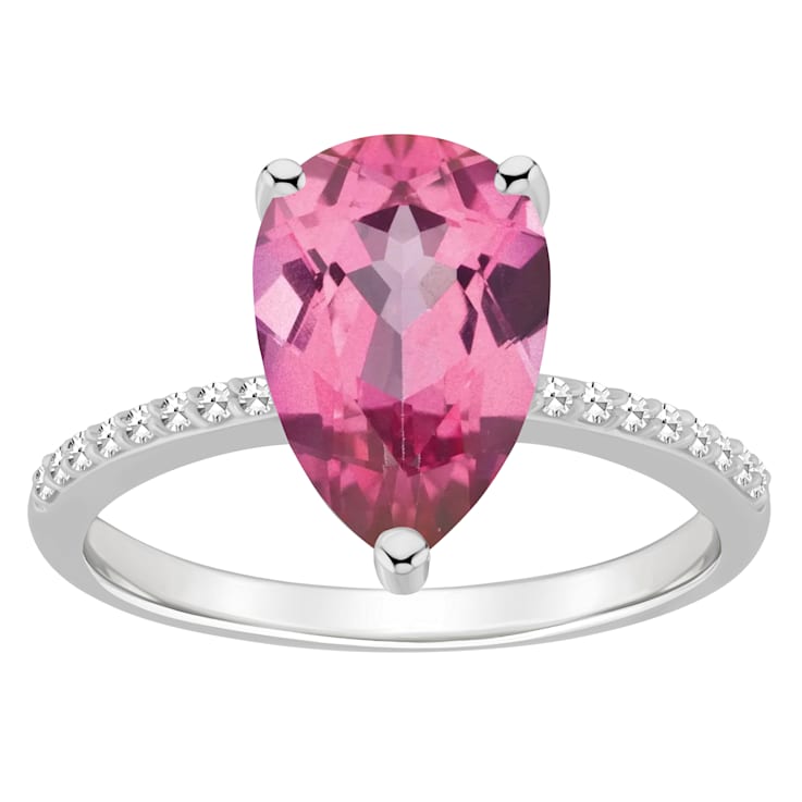 12x8mm Pear Shape Pink Topaz and 1/10 ctw Diamond Rhodium Over Sterling
Silver Ring