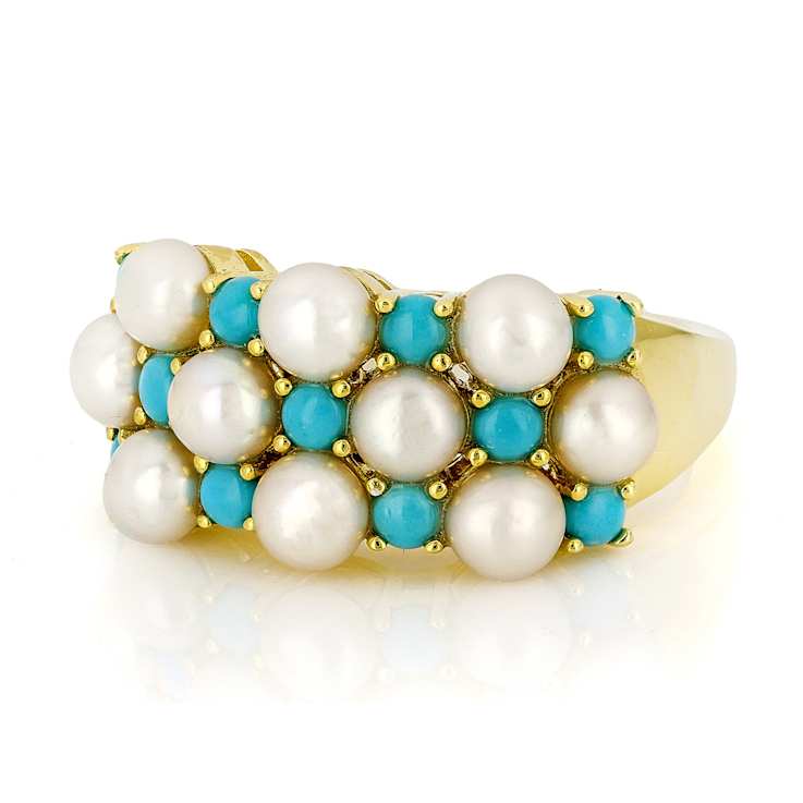 Turquoise And Cultured Seed Pearl Band Ring In 18K Gold Over Sterling Silver