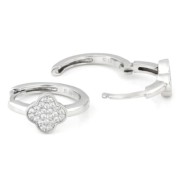 CZ Clover Huggie Hoop Earrings In Sterling Silver