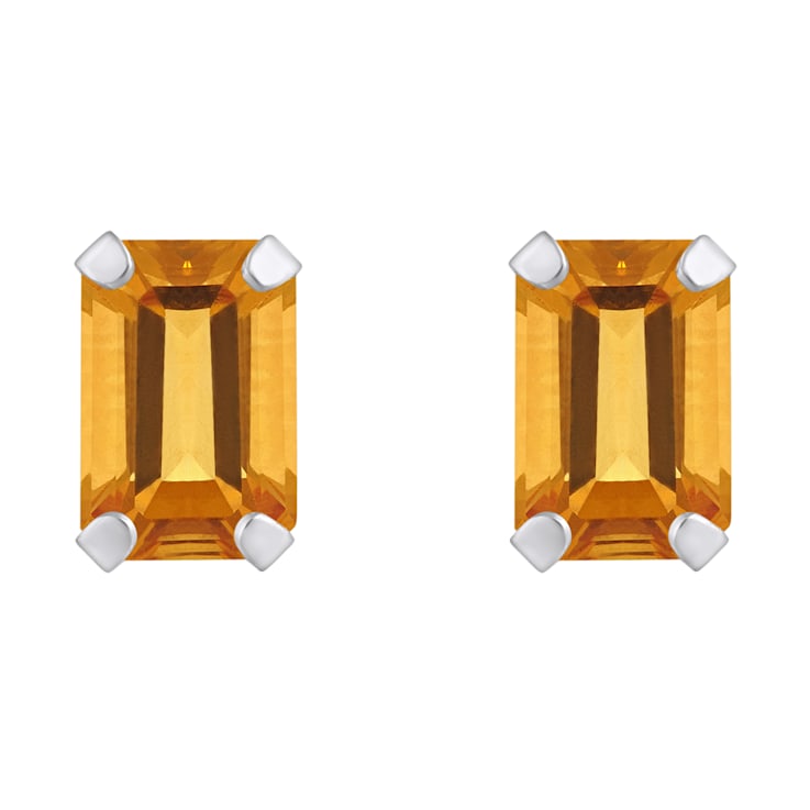 6x4mm Emerald Cut Citrine Rhodium Over 10k White Gold Stud Earrings