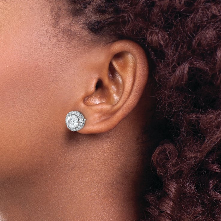 Rhodium Over 14K White Gold Round Halo G H I True Light Moissanite Earrings