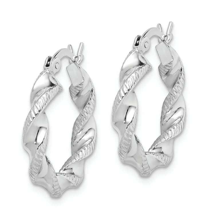 Rhodium Over Sterling Silver Twisted 3.5x20mm Hoop Earrings