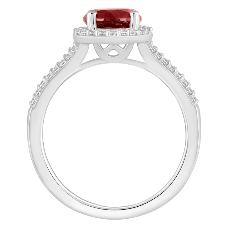 7mm Round Garnet 1/4 ctw Diamond Rhodium Over Sterling Silver Halo Ring