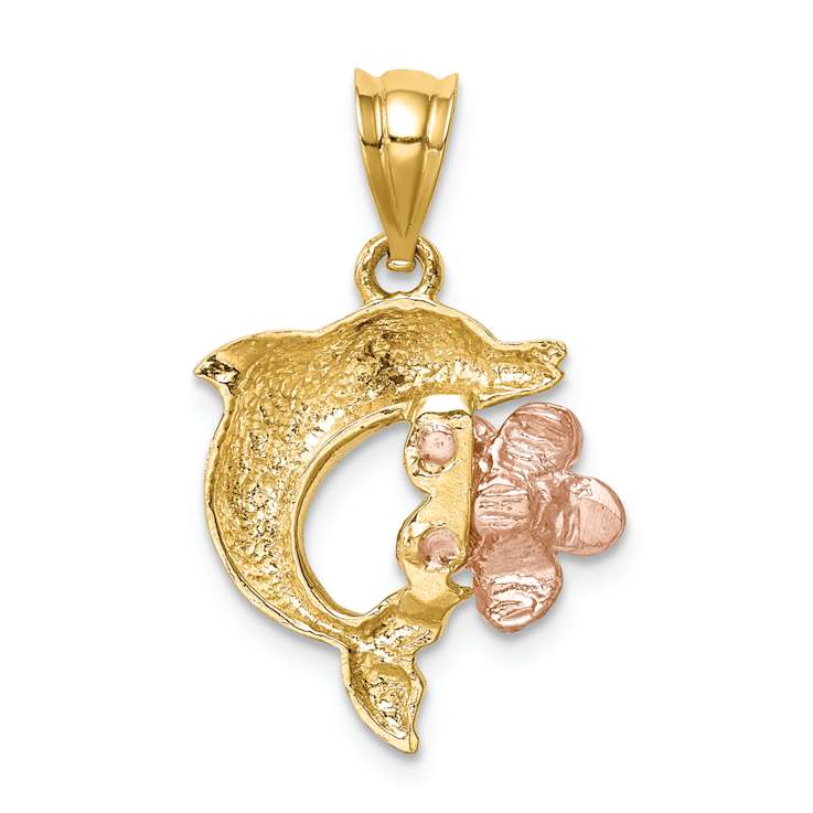 14k Yellow Gold and 14k Rose Gold Brushed, Polished and Diamond-Cut
Plumeria with Dolphin Pendant