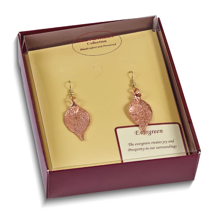 Copper Dipped Evergreen Leaf Gold Tone Shepherd Hook Earrings