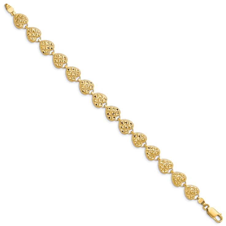 14k Yellow Gold Polished, Textured and Diamond-Cut Hearts Link Bracelet