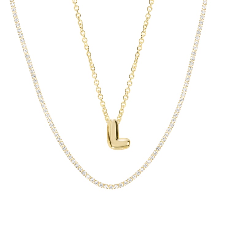 CZ Initial L Tennis Necklace And Pendant Set In 14K Gold Over Brass 4.05ctw