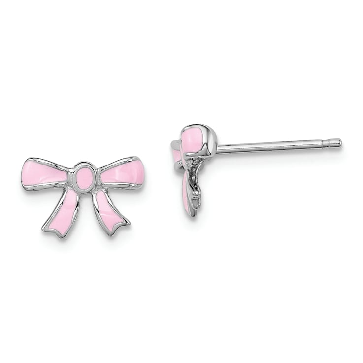 Rhodium Over Sterling Silver Pink Enamel Bow Children's Post Earrings