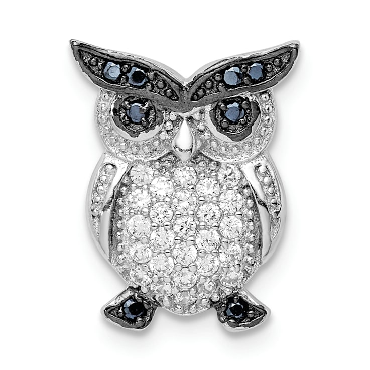 Rhodium Over Sterling Silver Black and Clear Cubic Zirconia Owl Chain Slide