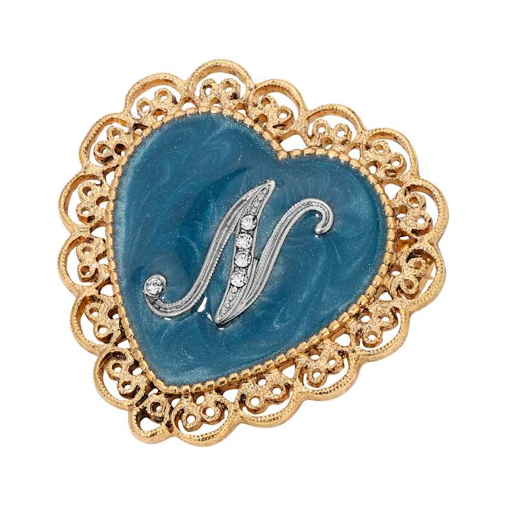 Gold Tone Filigree Heart Blue Enamel Initial Pin