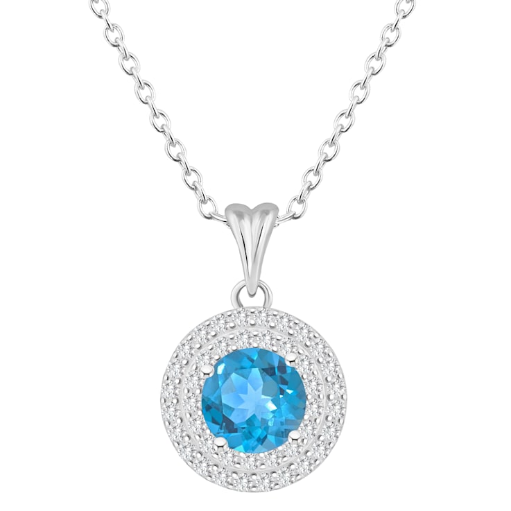 7mm Round Swiss Blue Topaz And White Topaz Rhodium Over Sterling Silver
Double Halo Pendant w/Chain