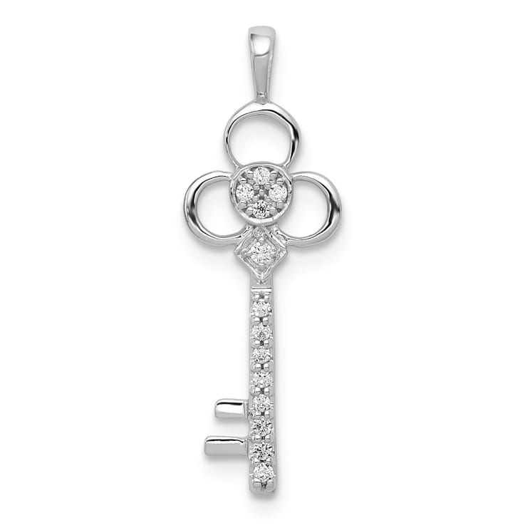 Rhodium Over 14K White Gold Diamond Club Key Pendant