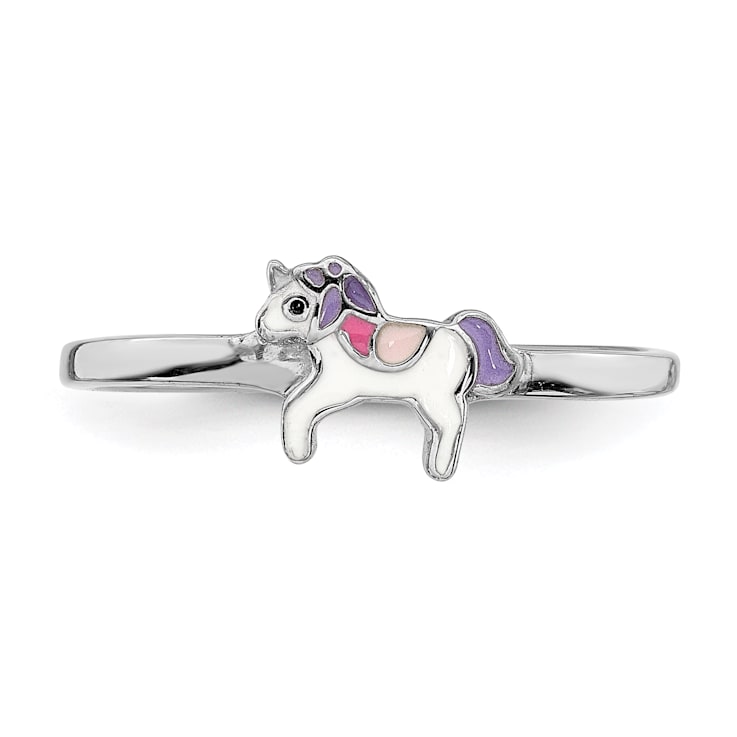 Rhodium Over Sterling Silver Multi-color Enameled Unicorn Children's Ring