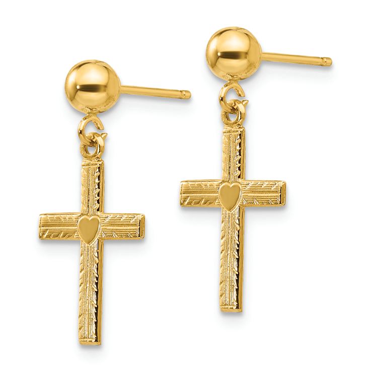 14k Yellow Gold Polished, Textured and Satin Cross Dangle Earrings