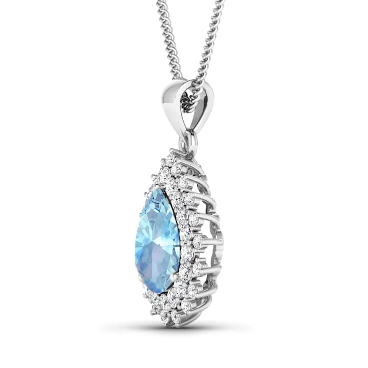 2.30ctw 14K White Gold Pear  Aquamarine and White Diamond Pendant with
18 inch Cable Chain