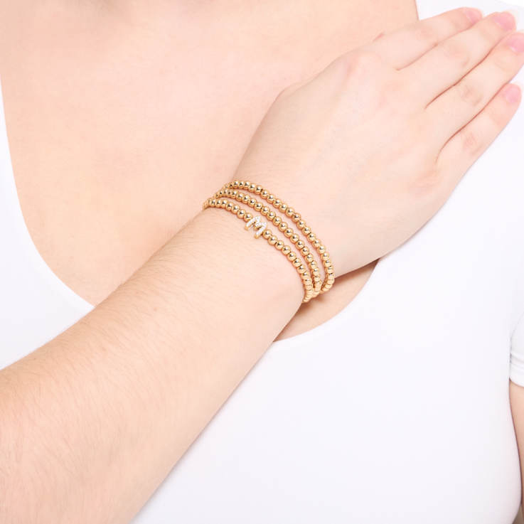 Initial M CZ Beaded Bracelet Set In 14K Gold Over Brass 0.17ctw