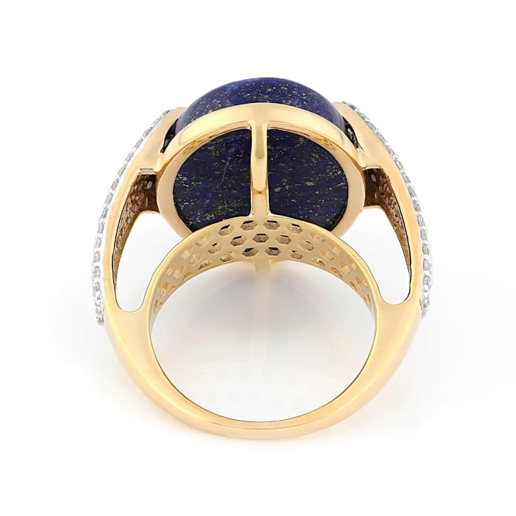 Lapis Lazuli Large Oval And White Zircon Ring In 18K Gold Over Sterling
Silver 1.44ctw
