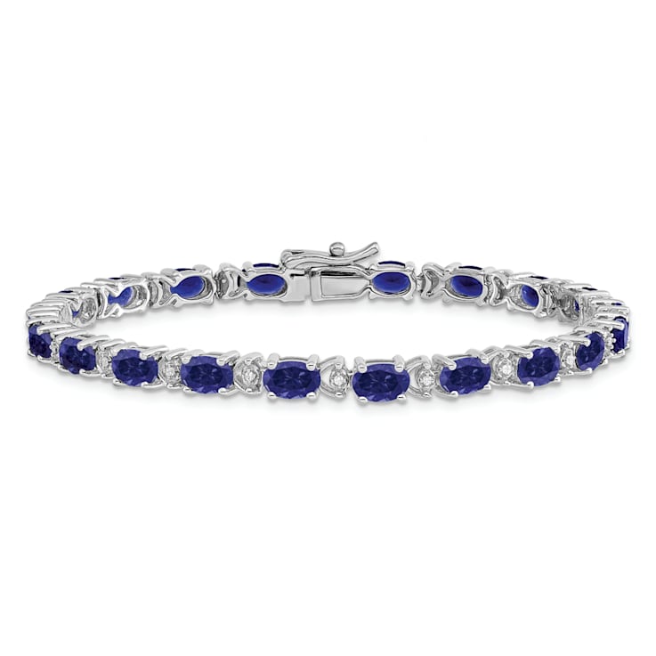 Rhodium Over 14k White Gold Oval Lab Created Sapphire and Diamond Bracelet