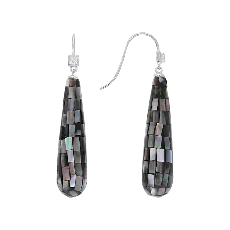 Black Mother-of-Pearl and CZ Dangle Earrings In Sterling Silver