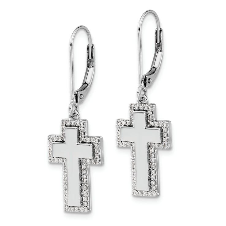 Rhodium Over 14k White Gold Diamond Fancy Cross Dangle Earrings