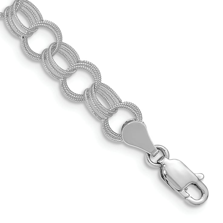 Rhodium Over 14k White Gold Solid 6mm Triple Link Charm Bracelet
