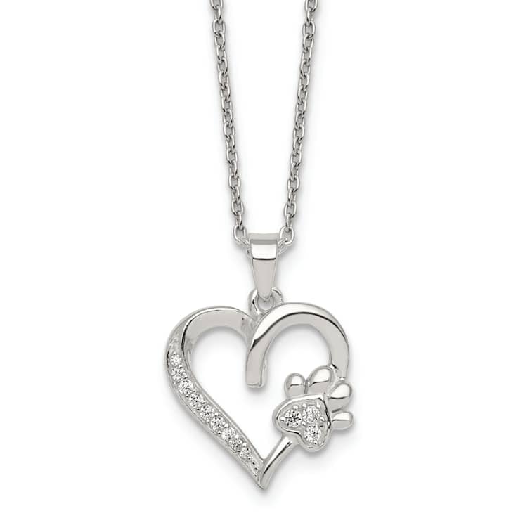 Sterling Silver Polished Cubic Zirconia Heart and Paw Necklace
