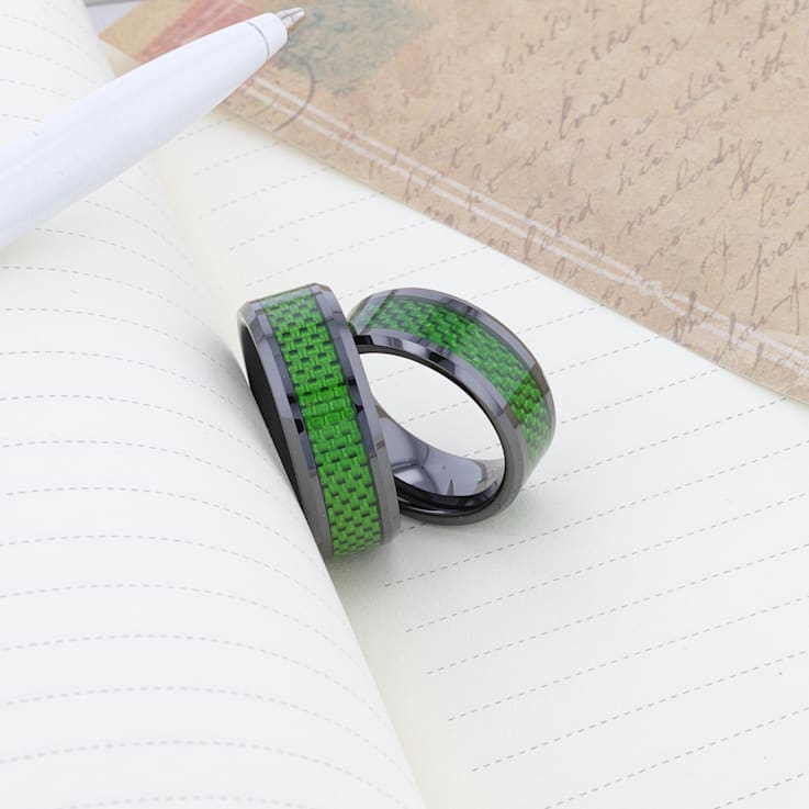 MATLAL Beveled Black Ceramic Ring with Emerald Green Carbon Fiber Inlay 8mm