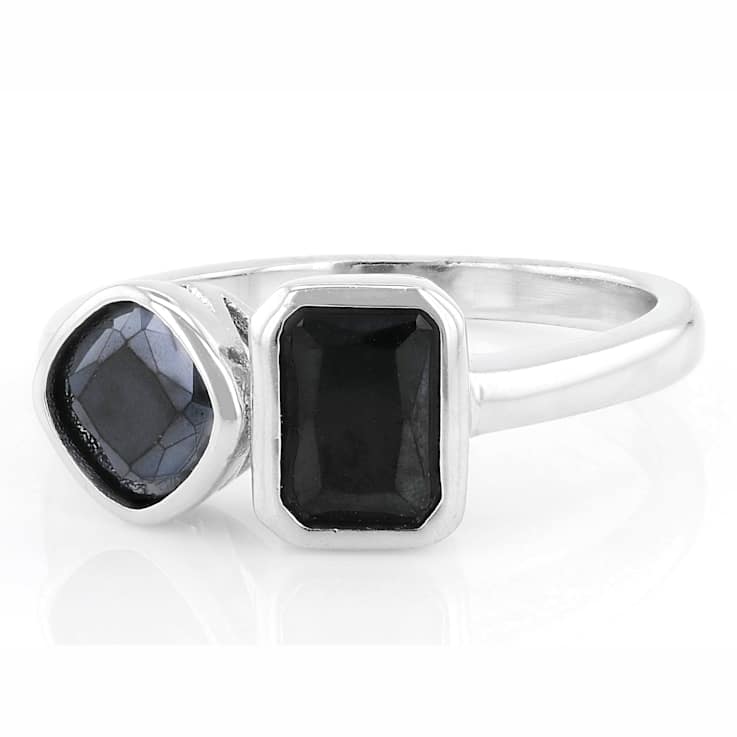 Black Spinel Toi et Moi Ring In Rhodium Over Brass 2.22ctw