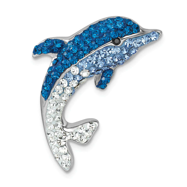 Rhodium Over Sterling Silver Large Crystal Dolphin Slide Pendant