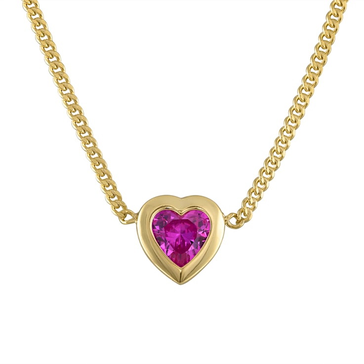 14K Yellow Gold Over Sterling Silver Lab Created Pink Sapphire Heart
Curb Chain Necklace 1.2ctw