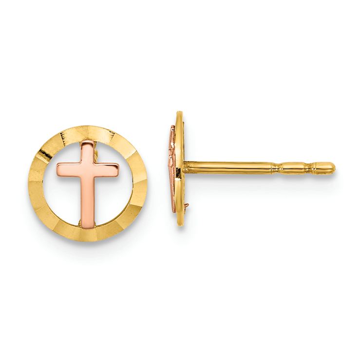 14k Yellow Gold and 14k Rose Gold 7mm Textured Circle with Cross Stud Earrings