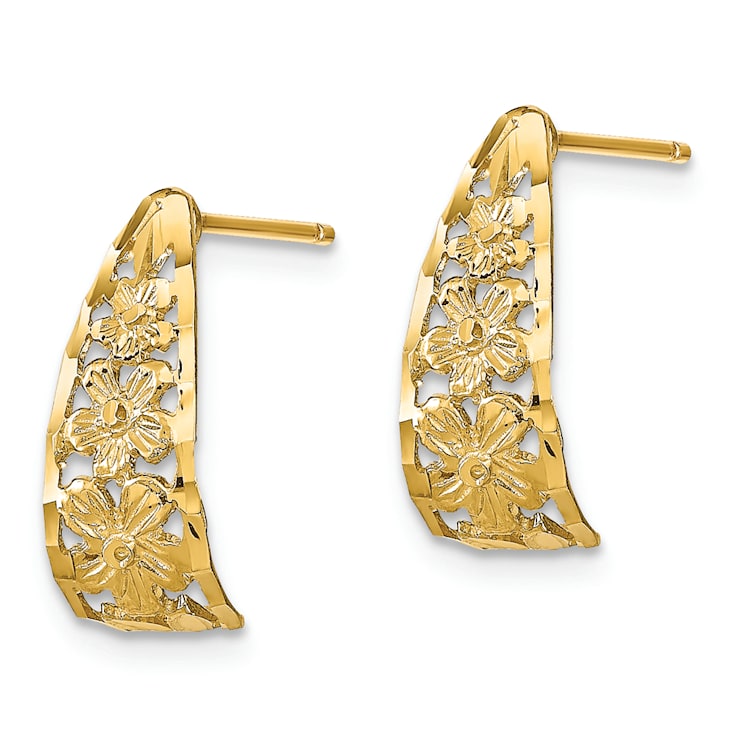 14K Yellow Gold Textured and Diamond-Cut Flower J-Hoop Stud Earrings