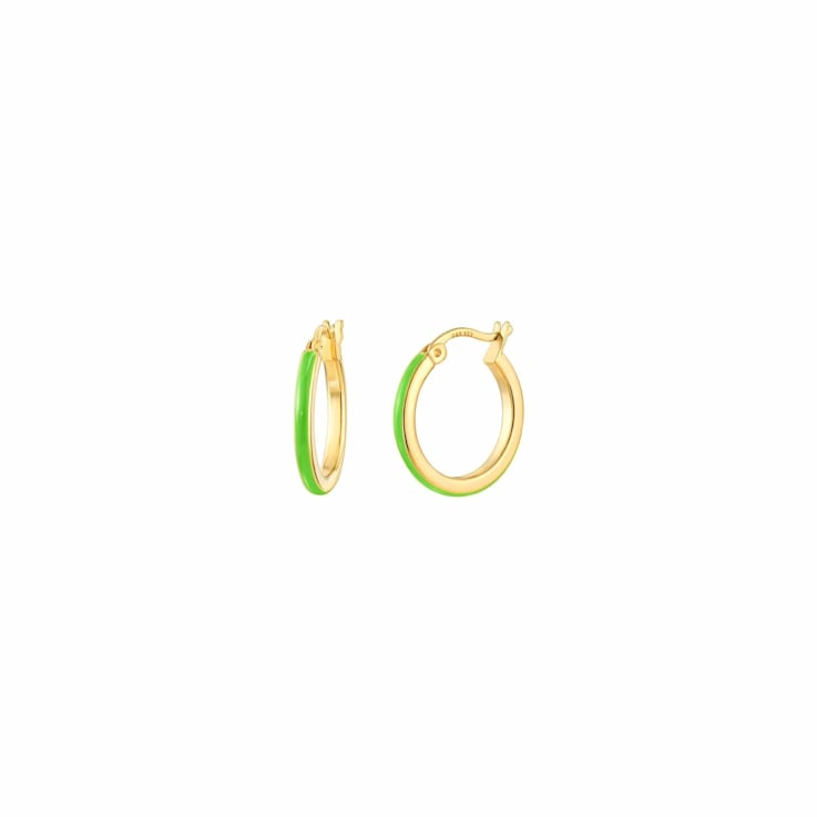 14K Yellow Gold Over Sterling Silver Enamel Huggie Hoops in Neon Green