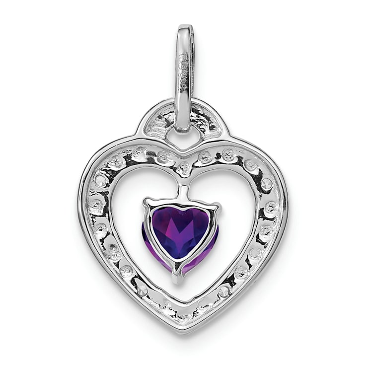 Rhodium Over 14k White Gold Amethyst and Diamond Heart Pendant